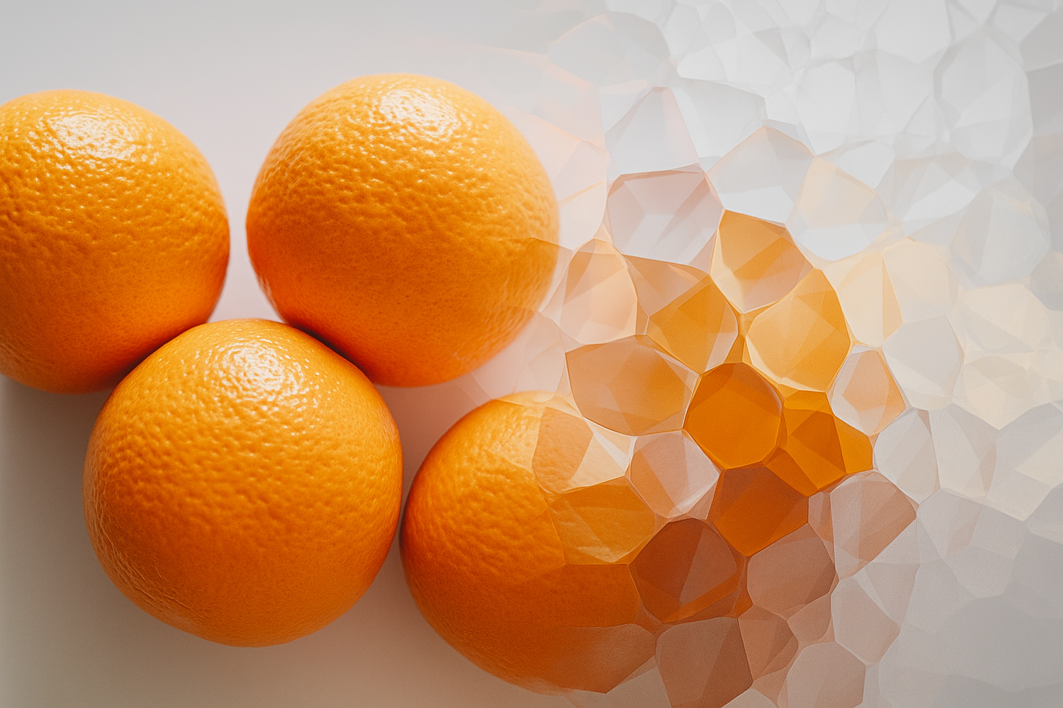 Des oranges partiellement cachées derrière une vitre en verre fractale