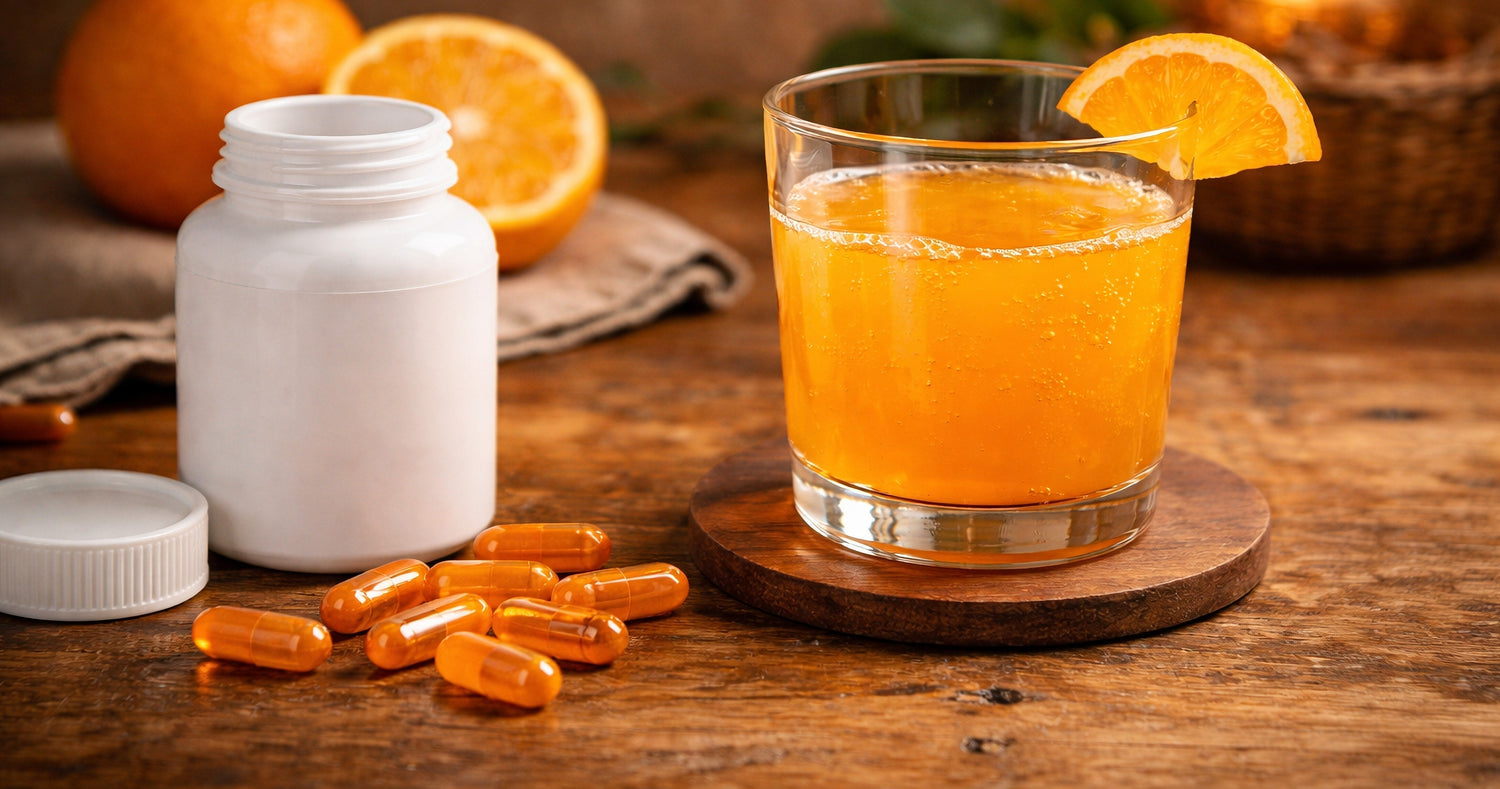 Des gélules de vitamine C et de la vitamine C liquide sur une table en bois